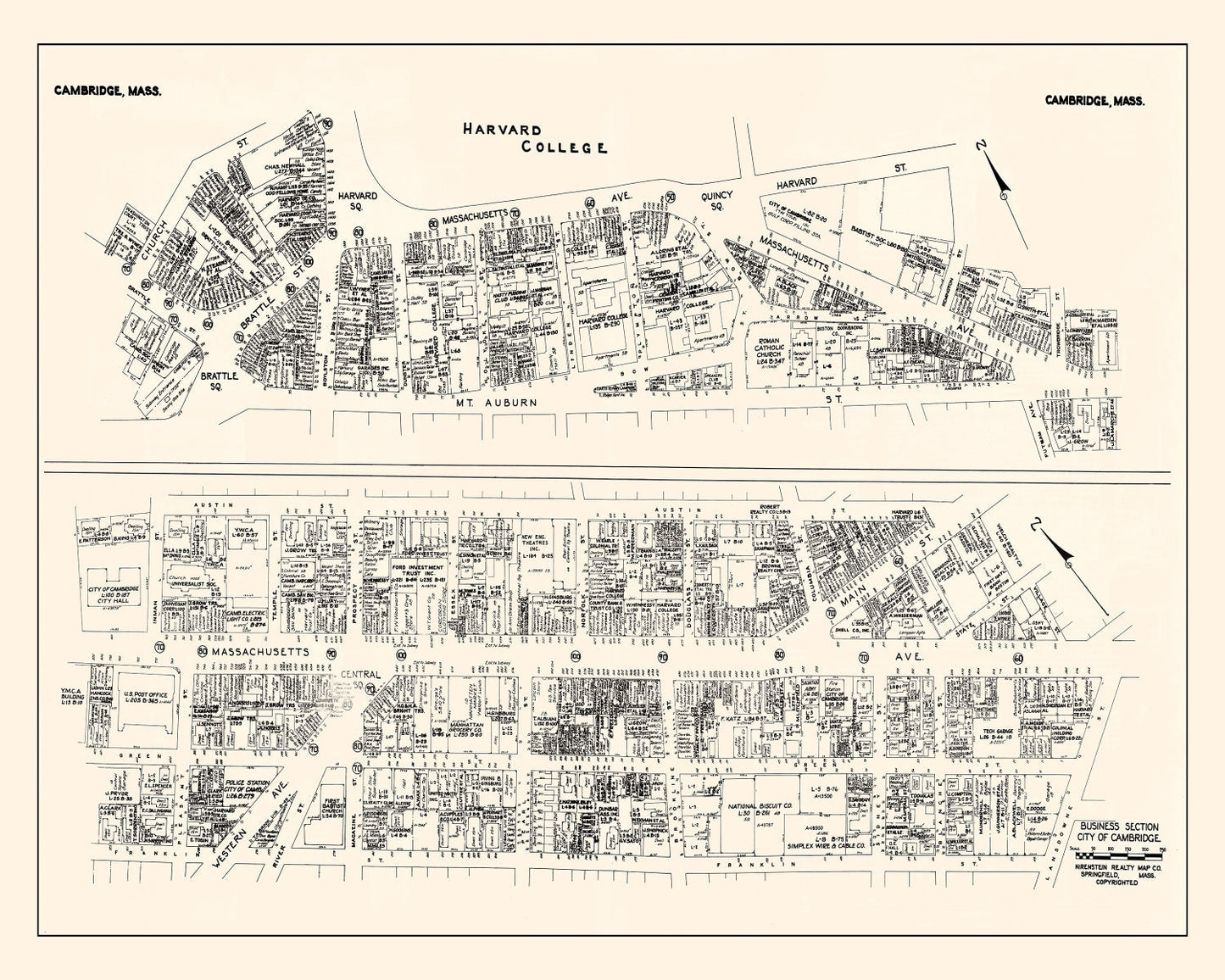 Vintage Map of Cambridge, MA Business Section, 1946