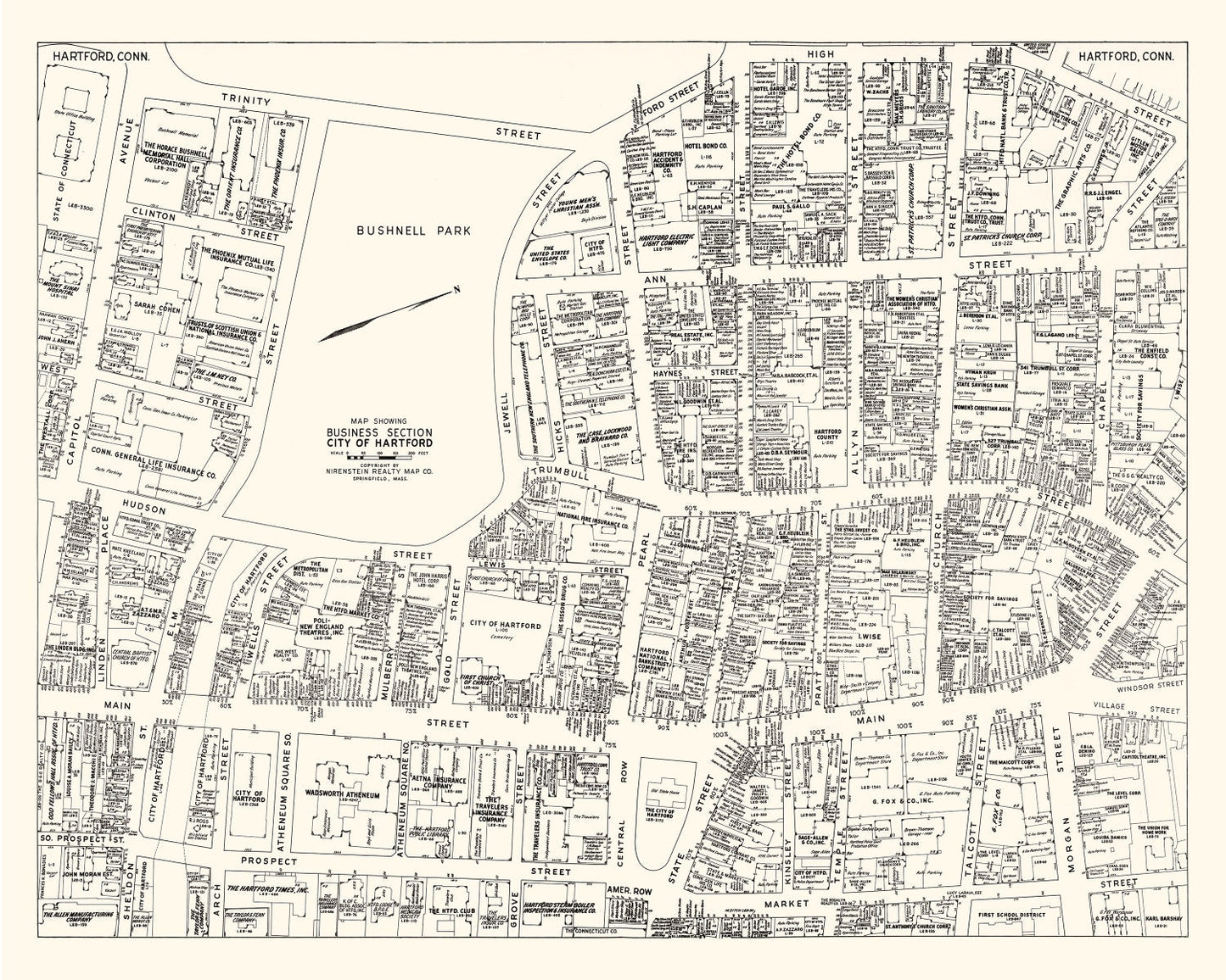 Vintage Map of Hartford Business Section, Connecticut, 1946