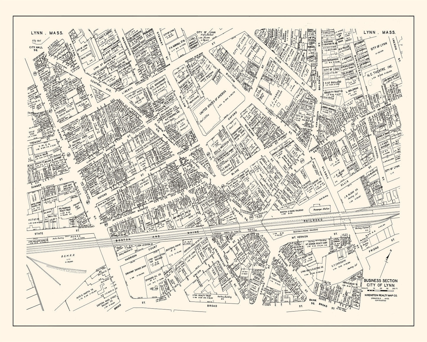Vintage Map of Lynn, Massachusetts Business Section, 1946
