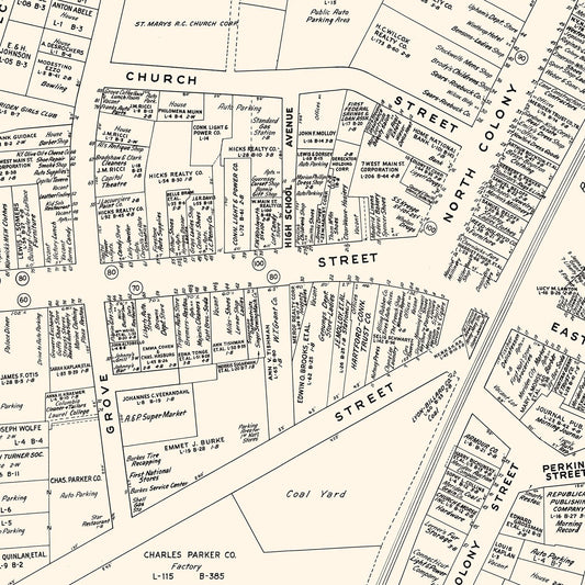 Vintage Map of Meriden, Connecticut Business Section, 1946