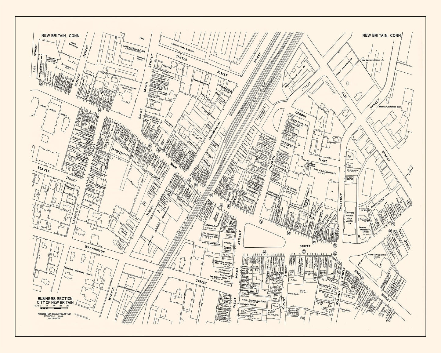 Vintage Map of New Britain, CT Business Section, 1946