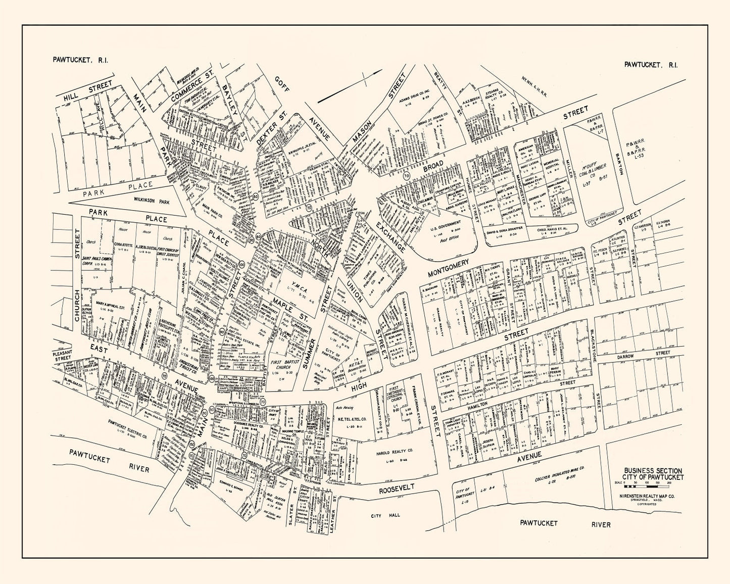 Vintage Map of Pawtucket, RI Business Section, 1946