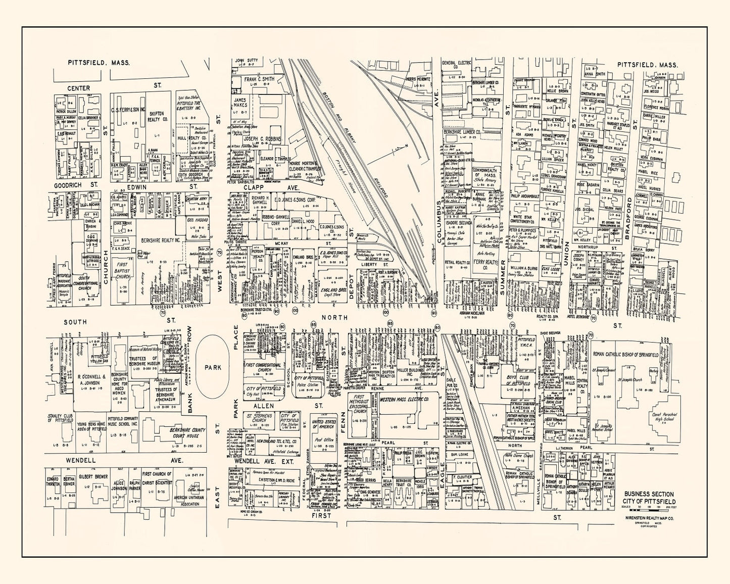 Vintage Map of Pittsfield, Massachusetts Business Section, 1946