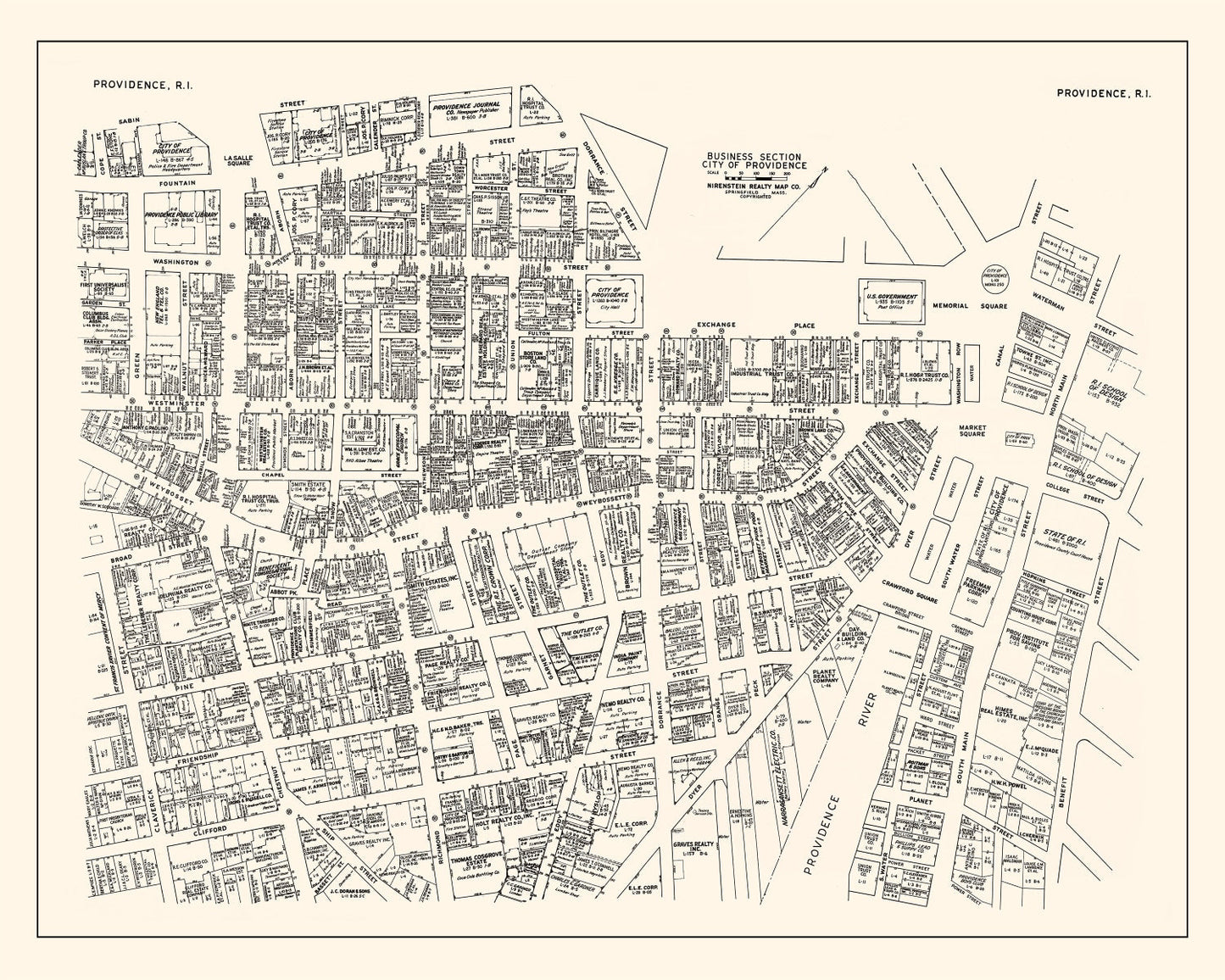 Vintage Map of Providence, RI Business Section, 1946
