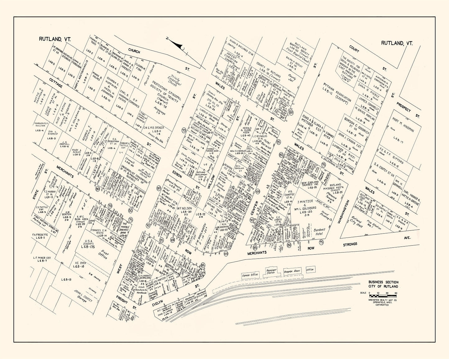 Vintage Map of Rutland, Vermont Business Section, 1946