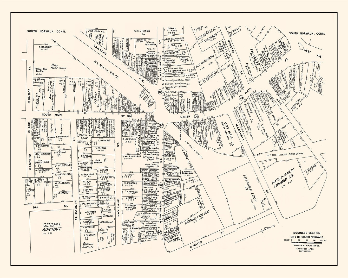 Vintage Map of South Norwalk, Connecticut Business Section, 1946