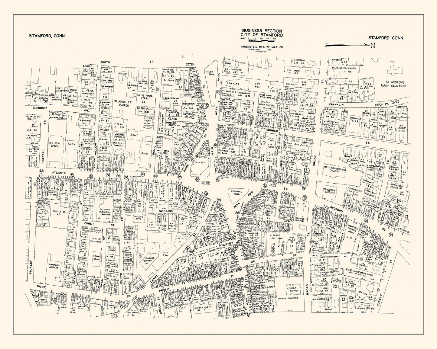 Vintage Map of Stamford, Connecticut Business Section, 1946