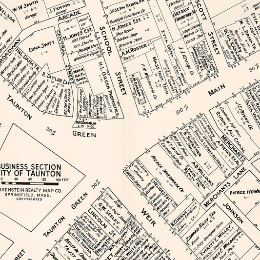 Vintage Map of Taunton, Massachusetts Business Section, 1946
