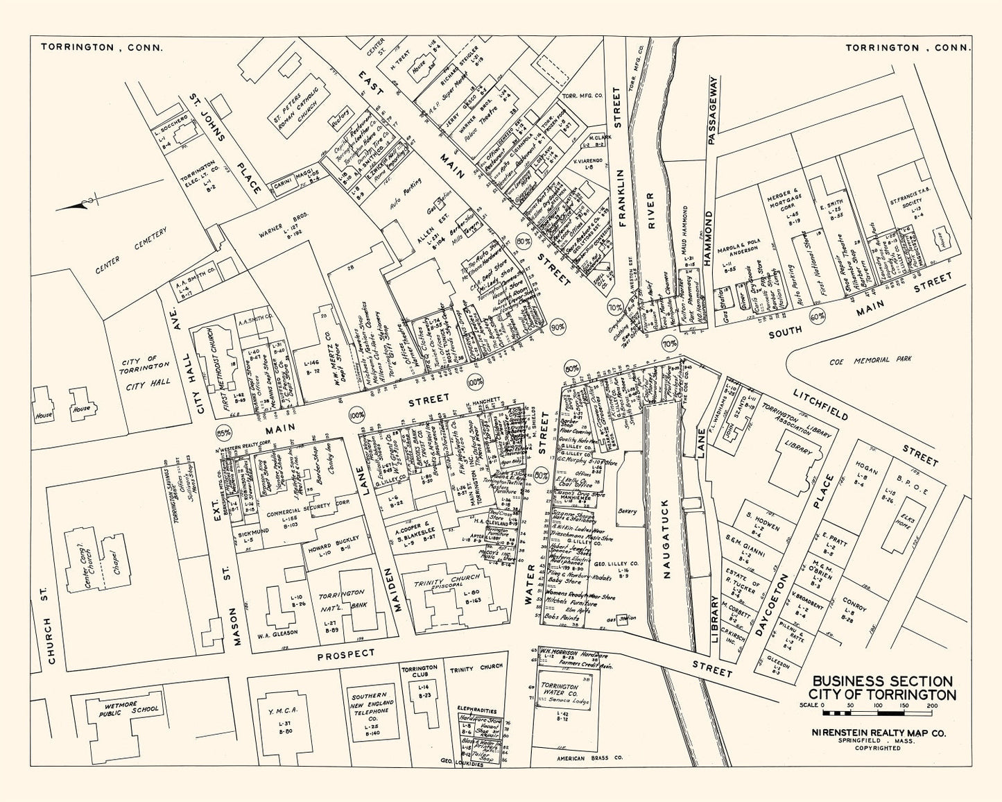 Vintage Map of Torrington, Connecticut Business Section, 1946