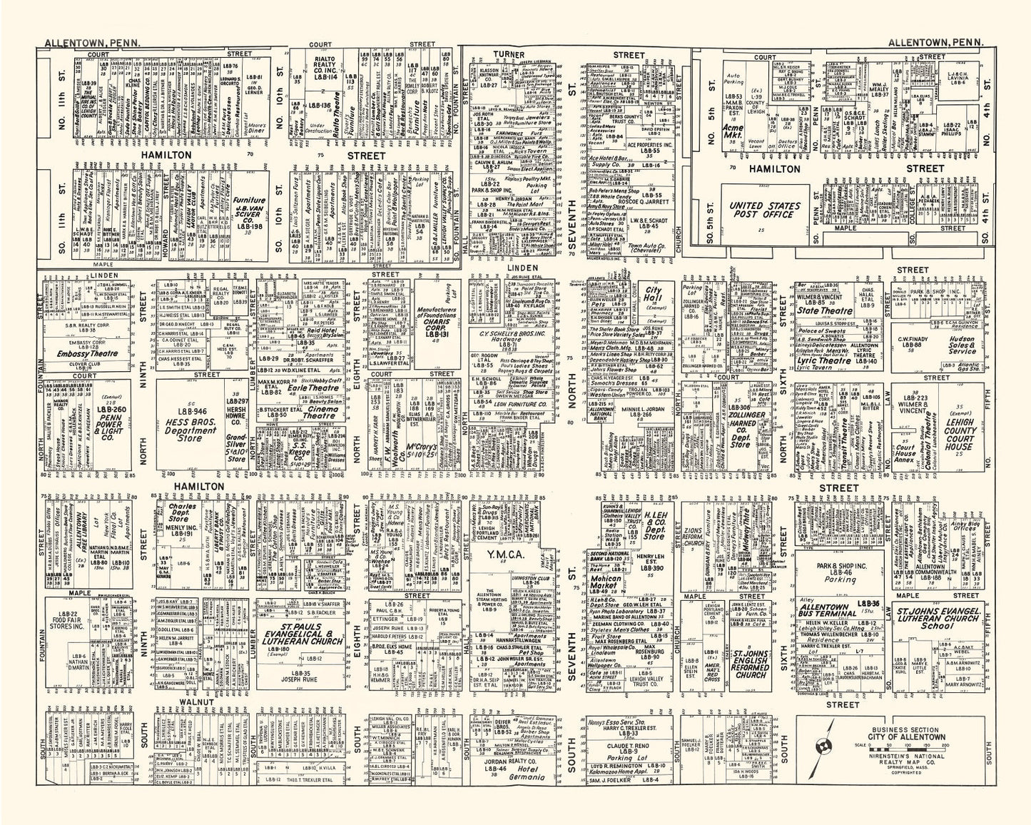 Vintage Map of Allentown, PA Business Section, 1950