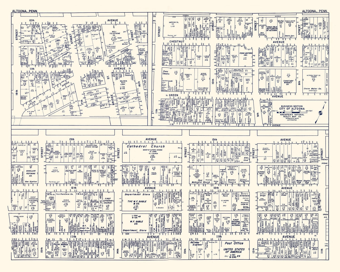 Vintage Map of Altoona, PA Business Section, 1950