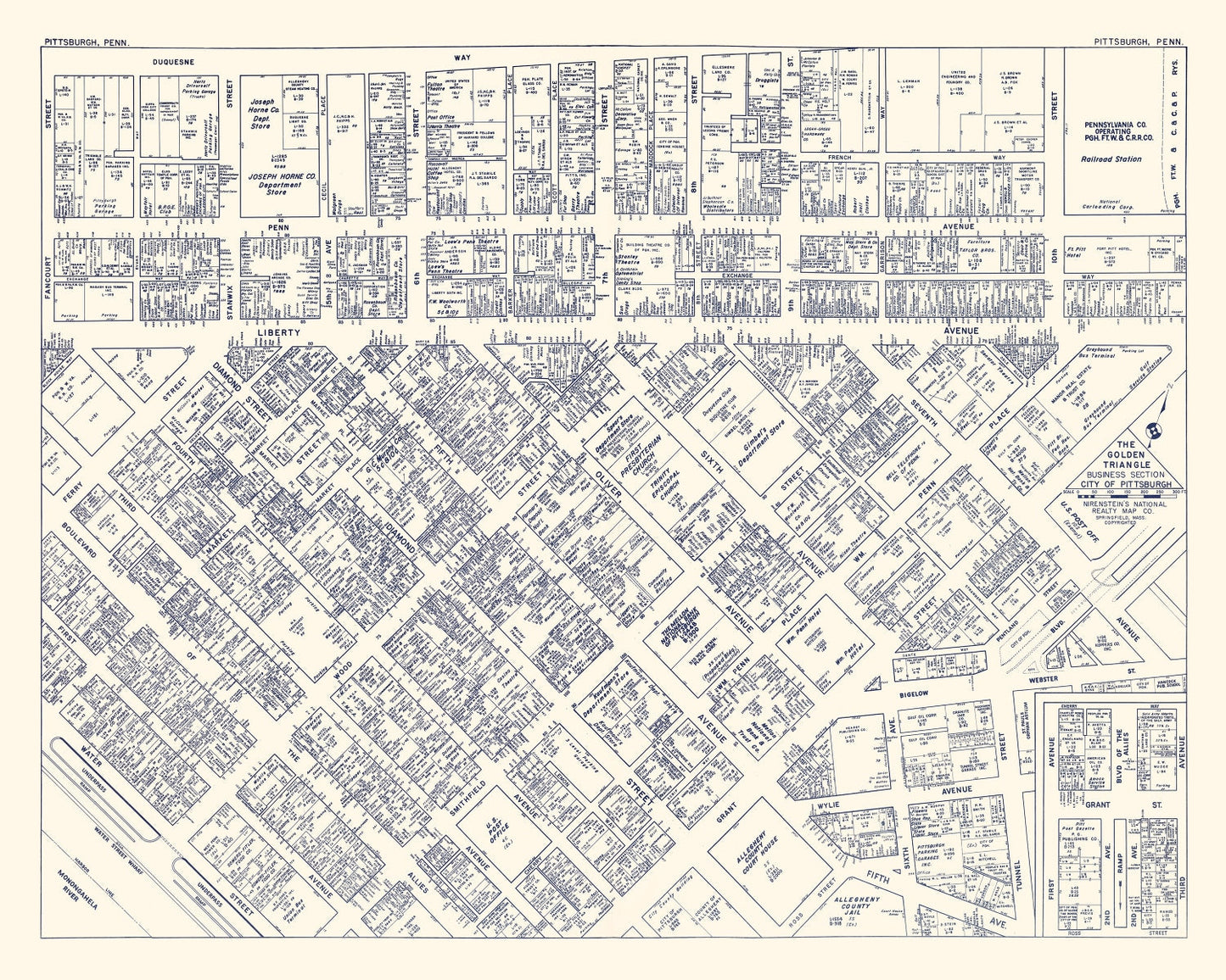 Vintage Map of Pittsburgh, Pennsylvania Business Section, 1950