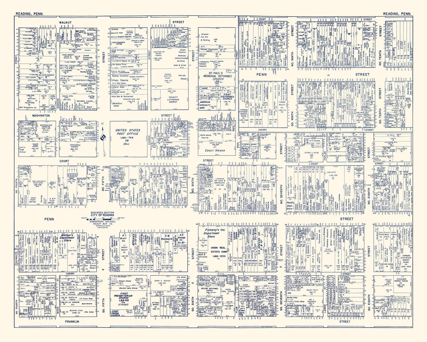 Vintage Map of Reading, PA Business Section, 1950