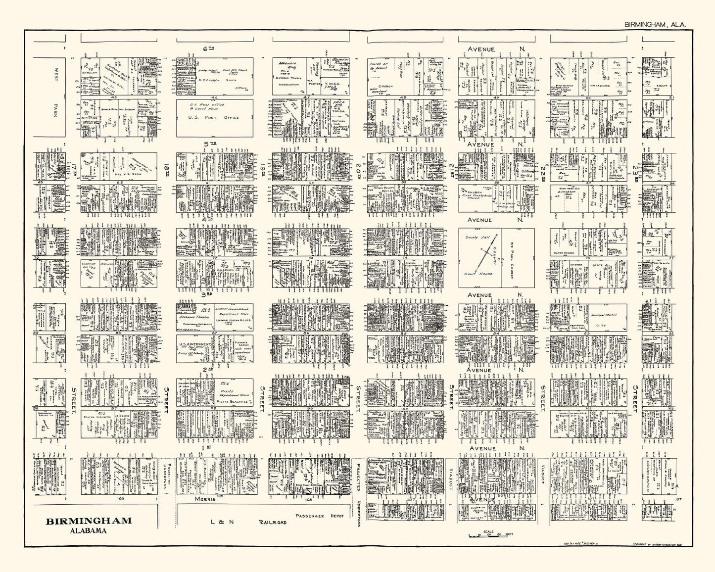 Vintage Map of Birmingham, Alabama, Business District, 1929