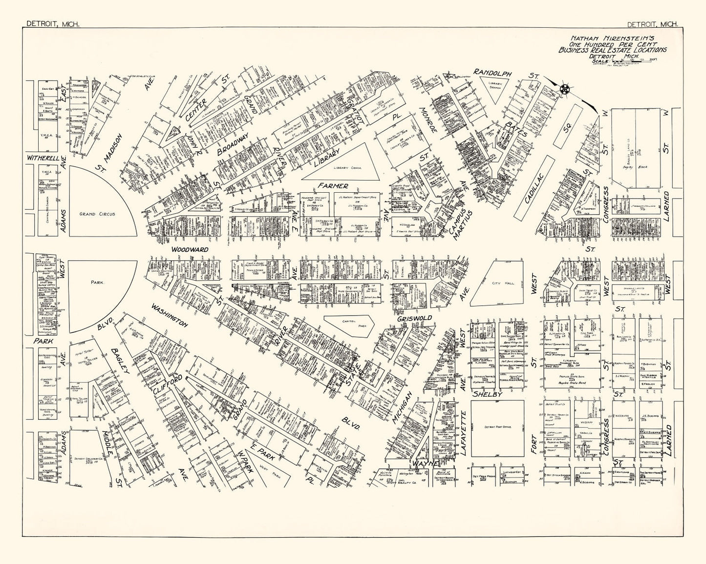 Vintage Map of Detroit, Michigan Business Section, 1929