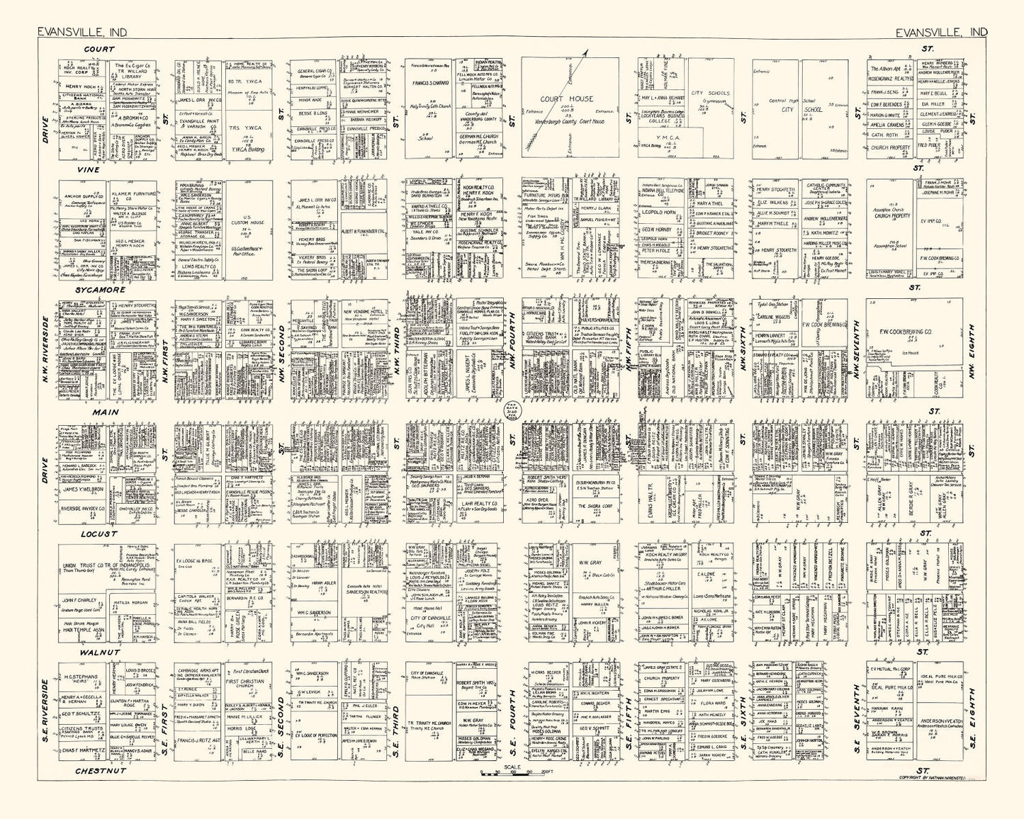 Vintage Map of Evansville, Indiana Business Section, 1929