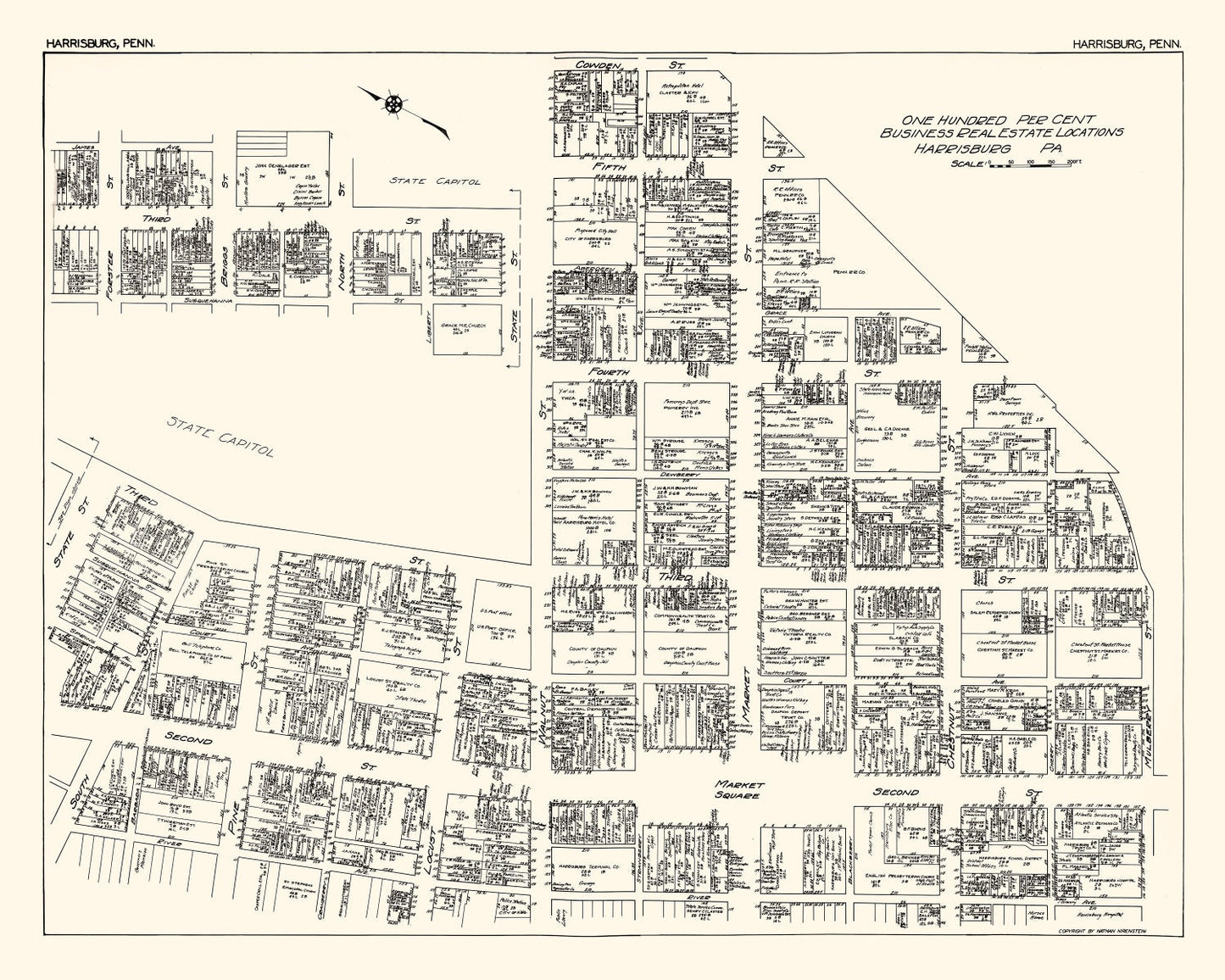 Vintage Map of Harrisburg Business Section, Pennsylvania, 1929