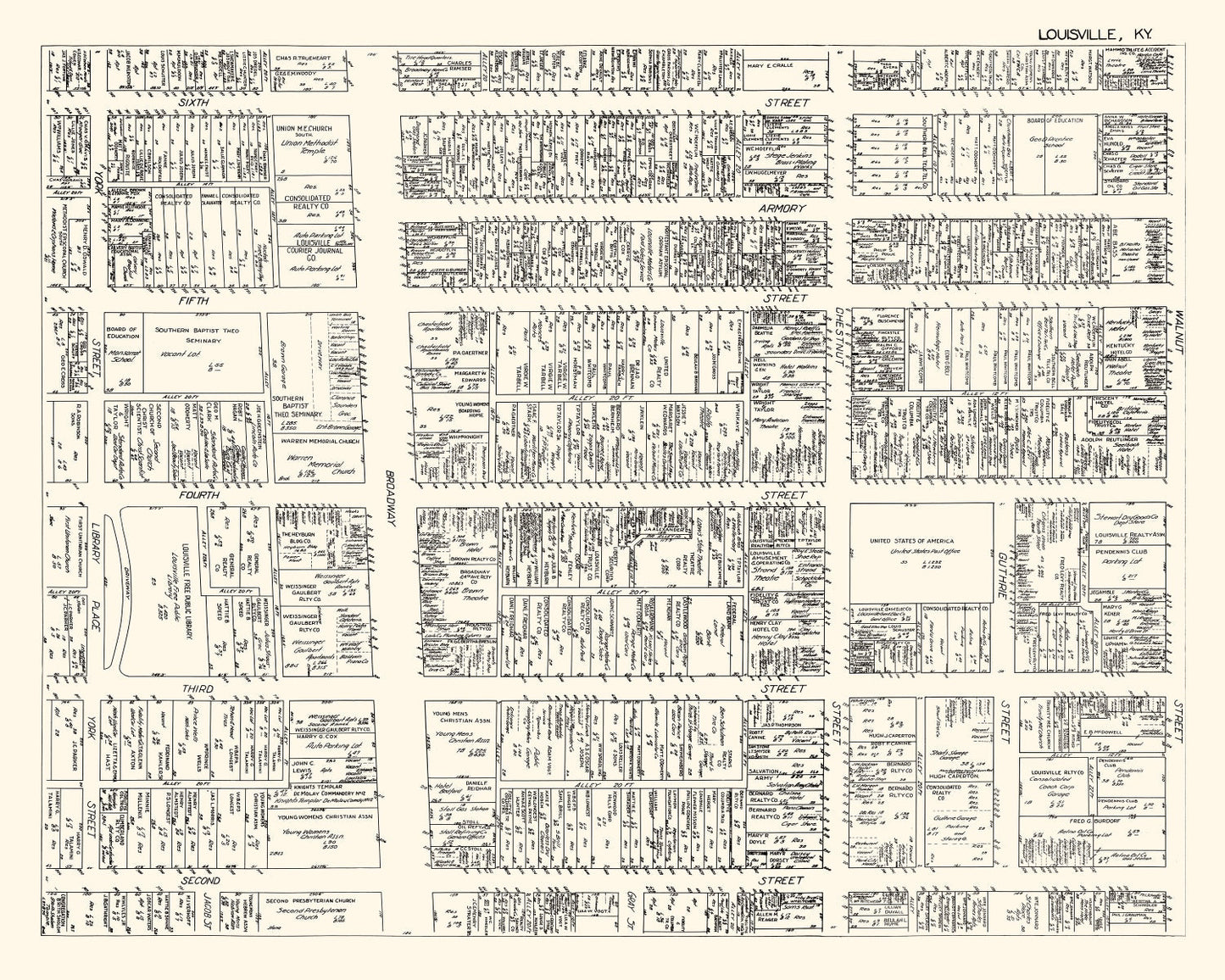 Vintage Map of Louisville, Kentucky Business Section, 1929