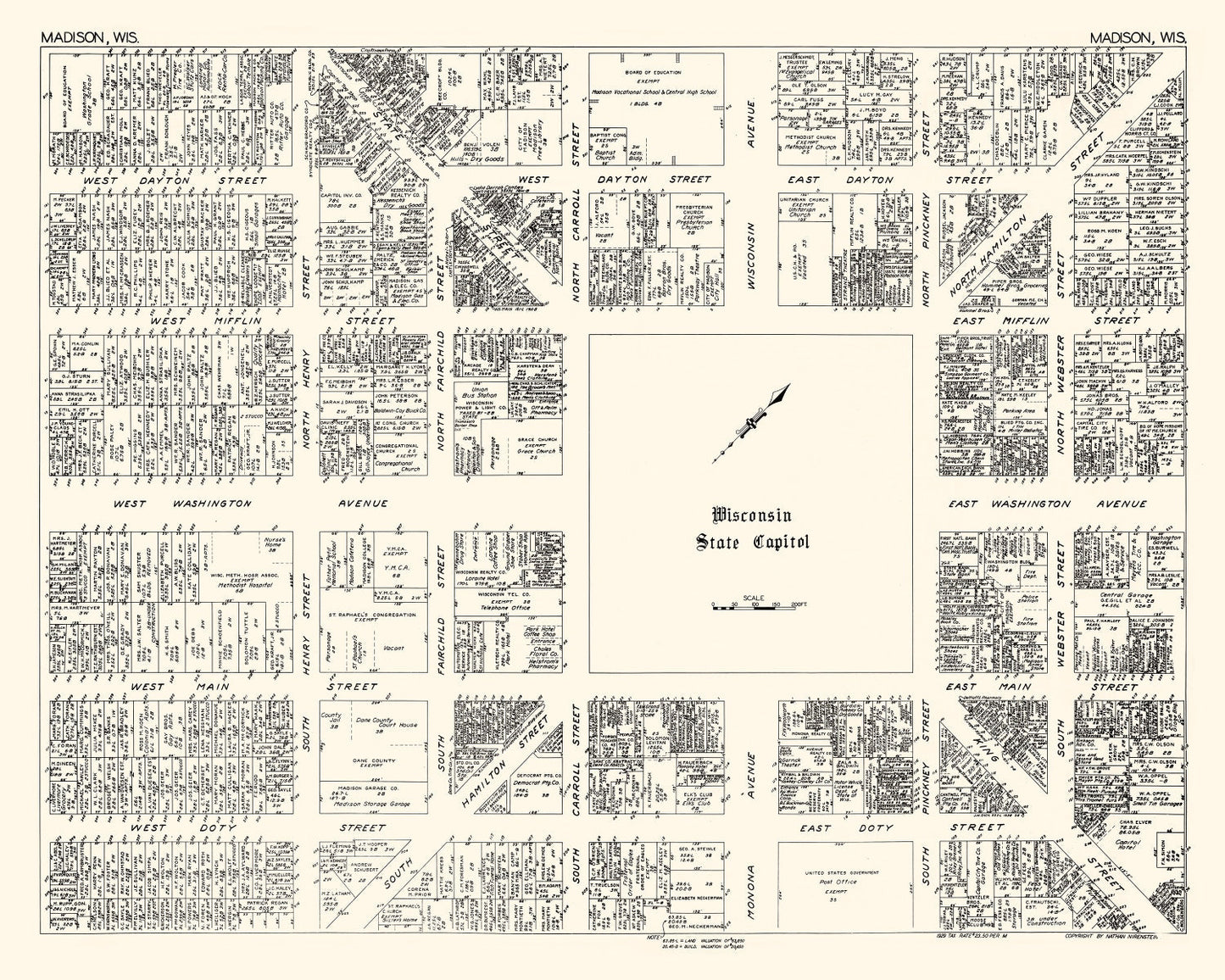 Vintage Map of Madison, Wisconsin Business Section, 1929