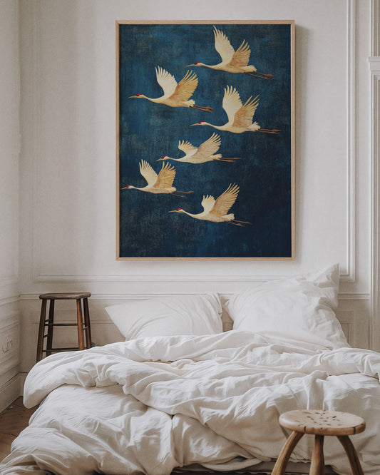 Sandhill Cranes in Flight - Japanese-Inspired Bird Art