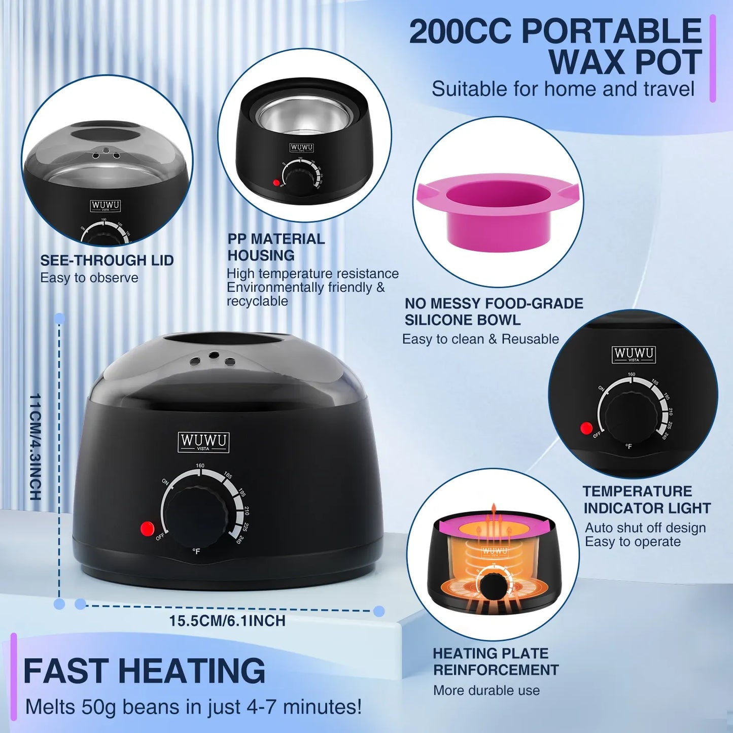 200CC Portable Wax Pot with features highlighted on a blue background