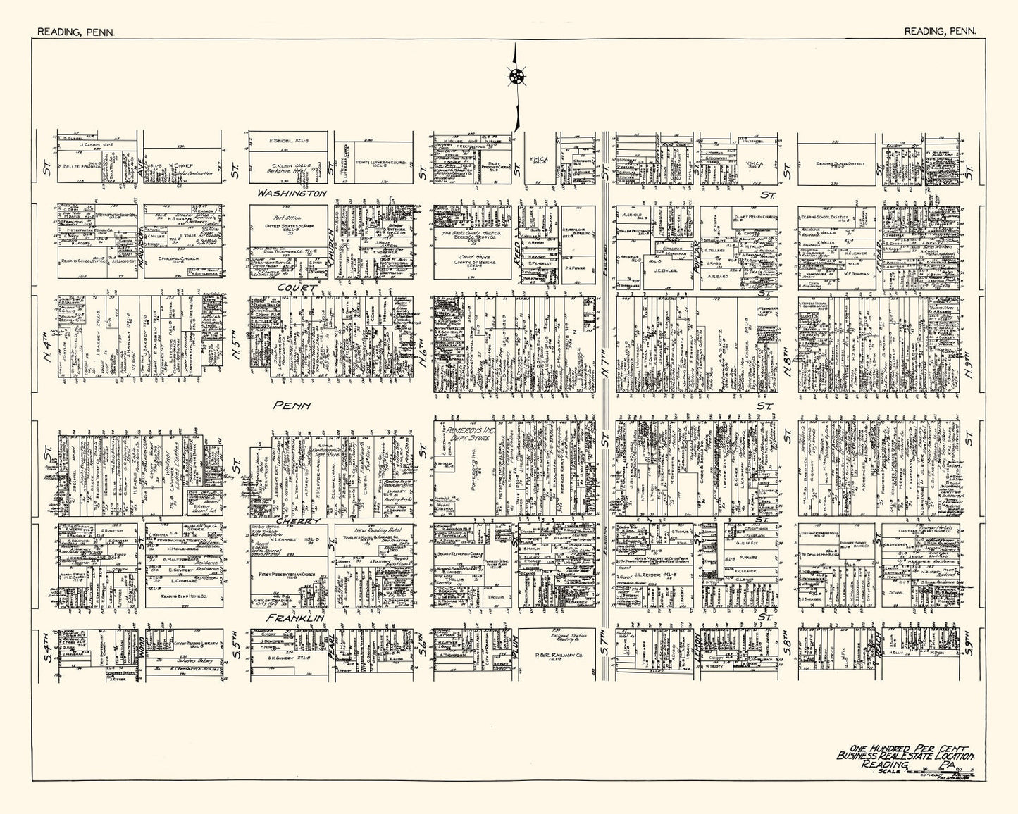 Vintage Map of Reading, Pennsylvania Business Section, 1929