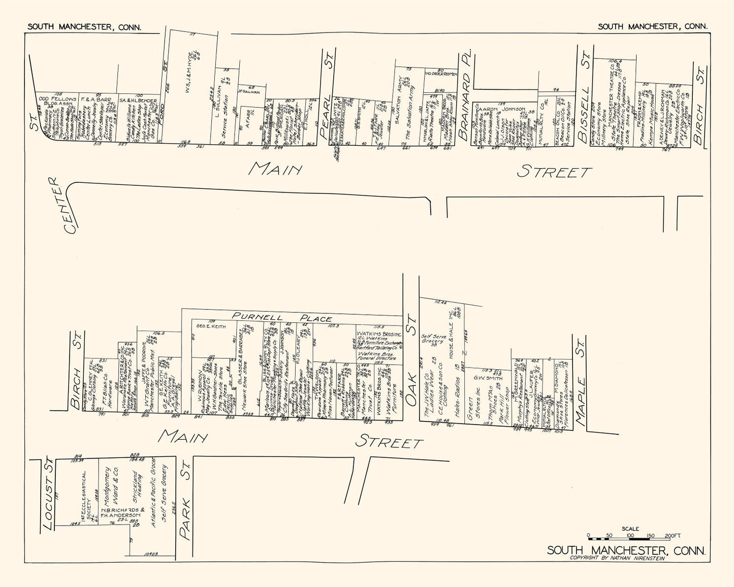 Vintage Map of South Manchester, Connecticut Business Section, 1929