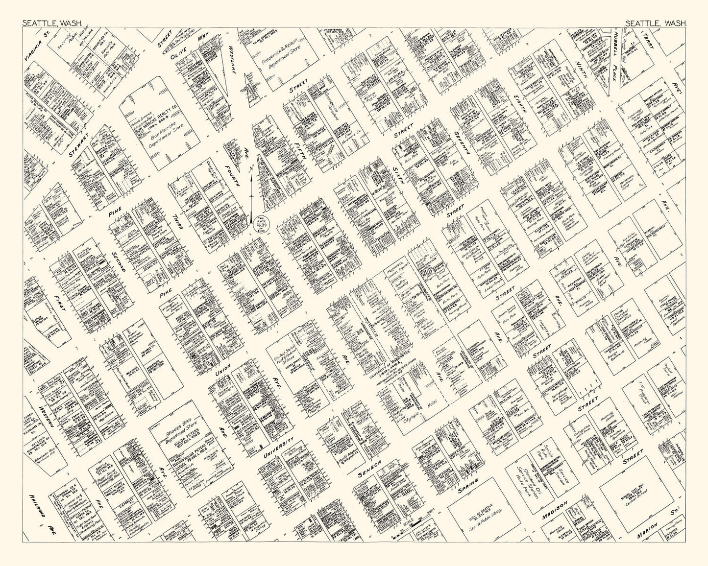 Vintage Map of Seattle, Washington Business Section, 1929