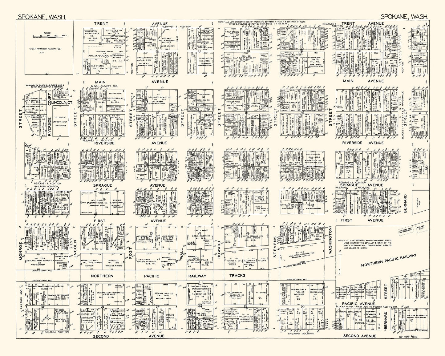 Vintage Map of Spokane, Washington Business Section, 1929