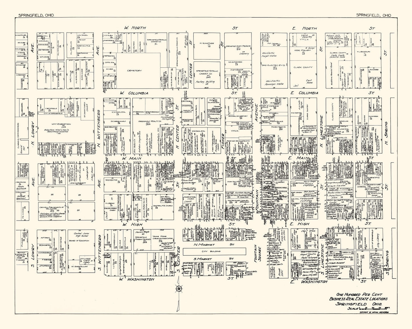Vintage Map of Springfield, Ohio Business Section, 1929