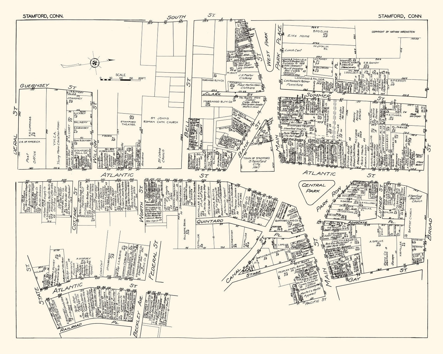 Vintage Map of Stamford, Connecticut Business Section, 1929