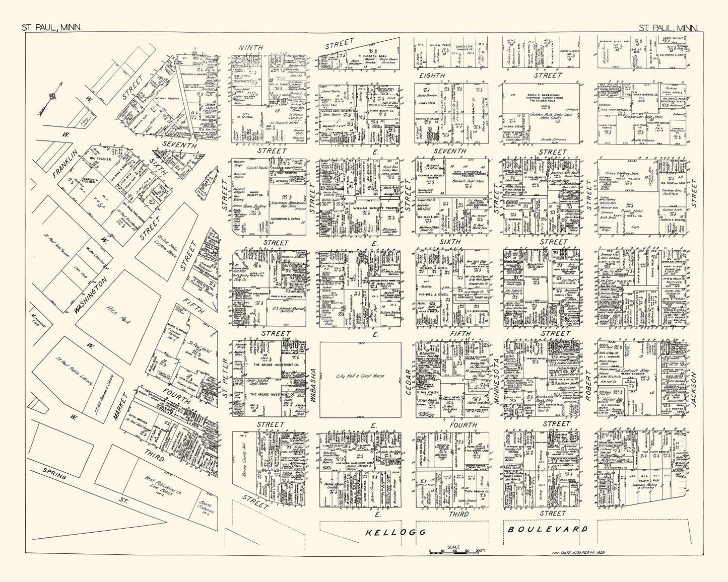 Vintage Map of St. Paul, Minnesota Business Section, 1929