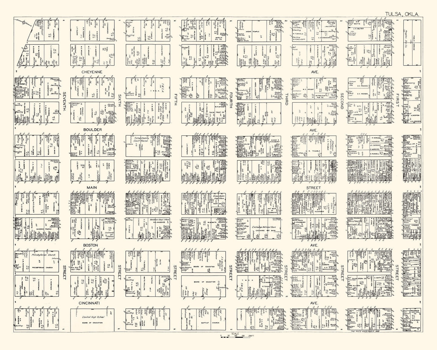 Vintage Map of Tulsa, Oklahoma Business Section, 1928