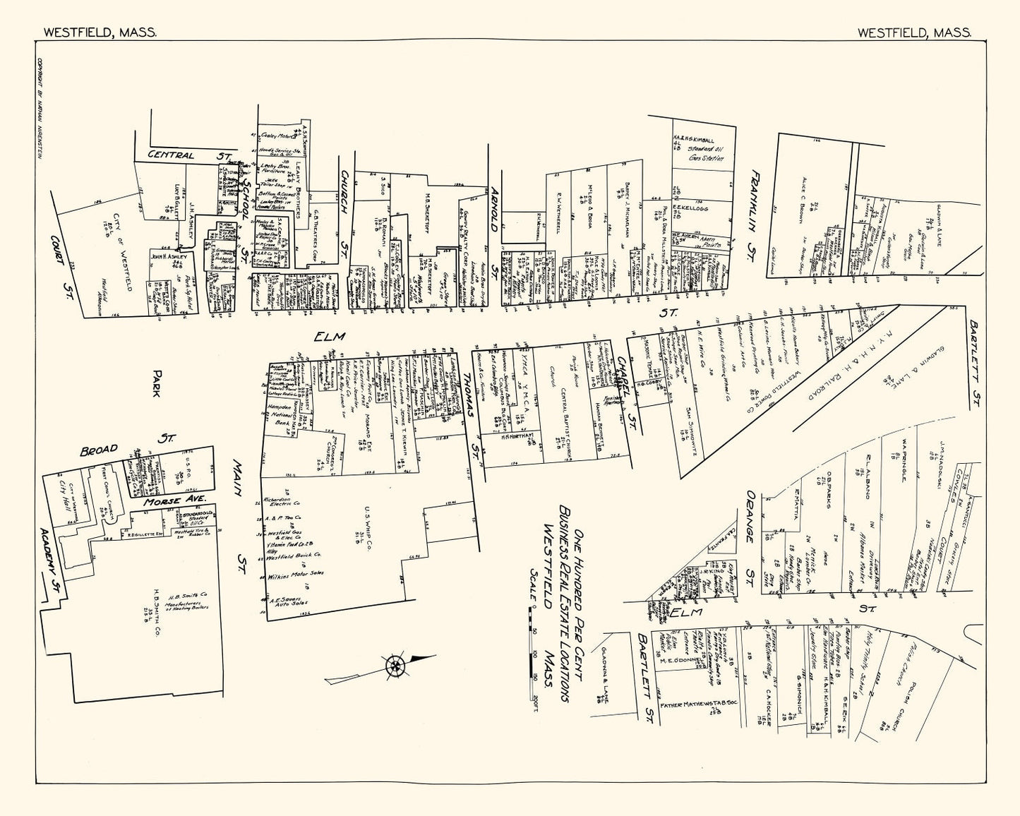 Vintage Map of Westfield, Massachusetts Business Section, 1929