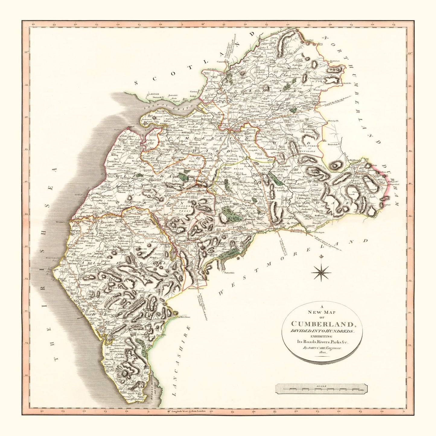 Vintage Map of Cumberland County, England, 1801