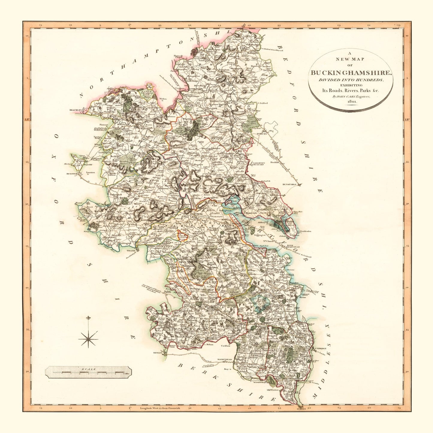 Vintage Map of Buckinghamshire, England 1801 Wall Art