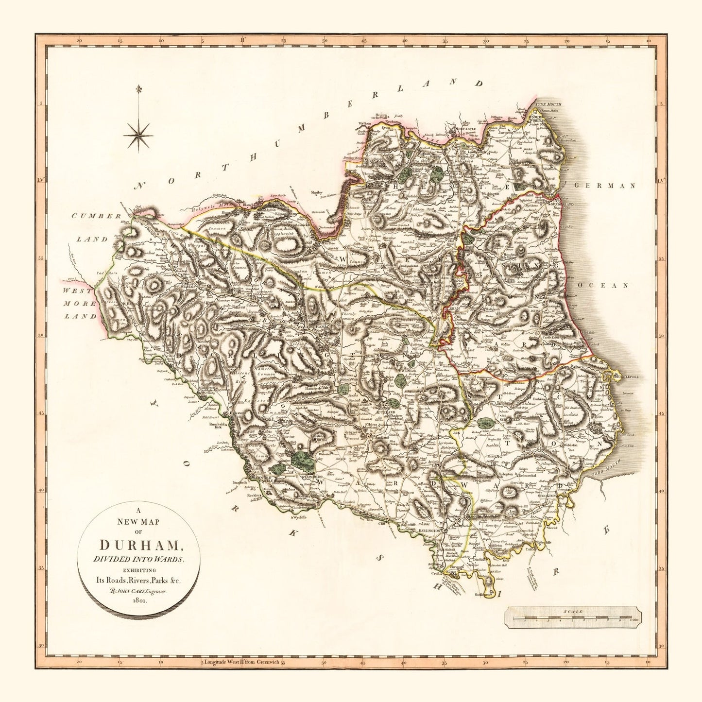 Vintage Map of County Durham, England, 1801
