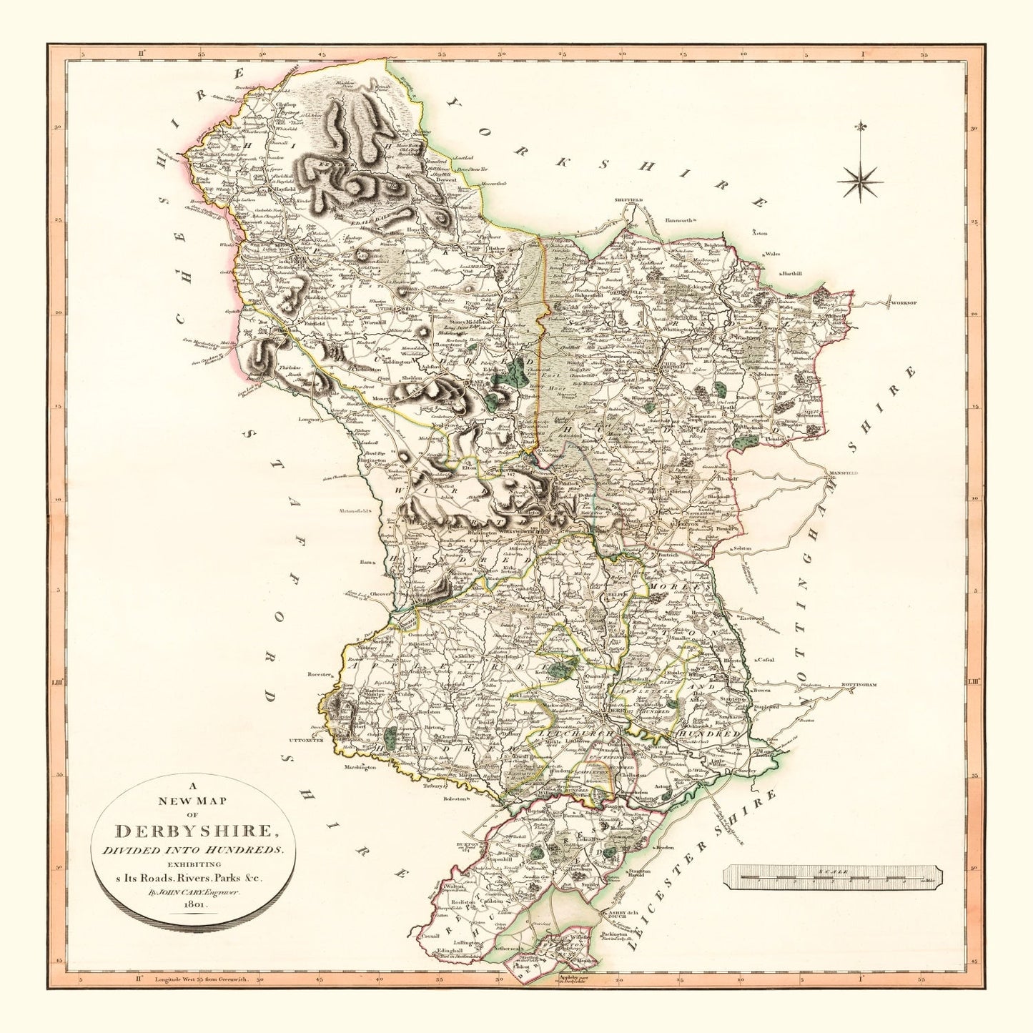 Vintage Map of Derbyshire, England, 1801