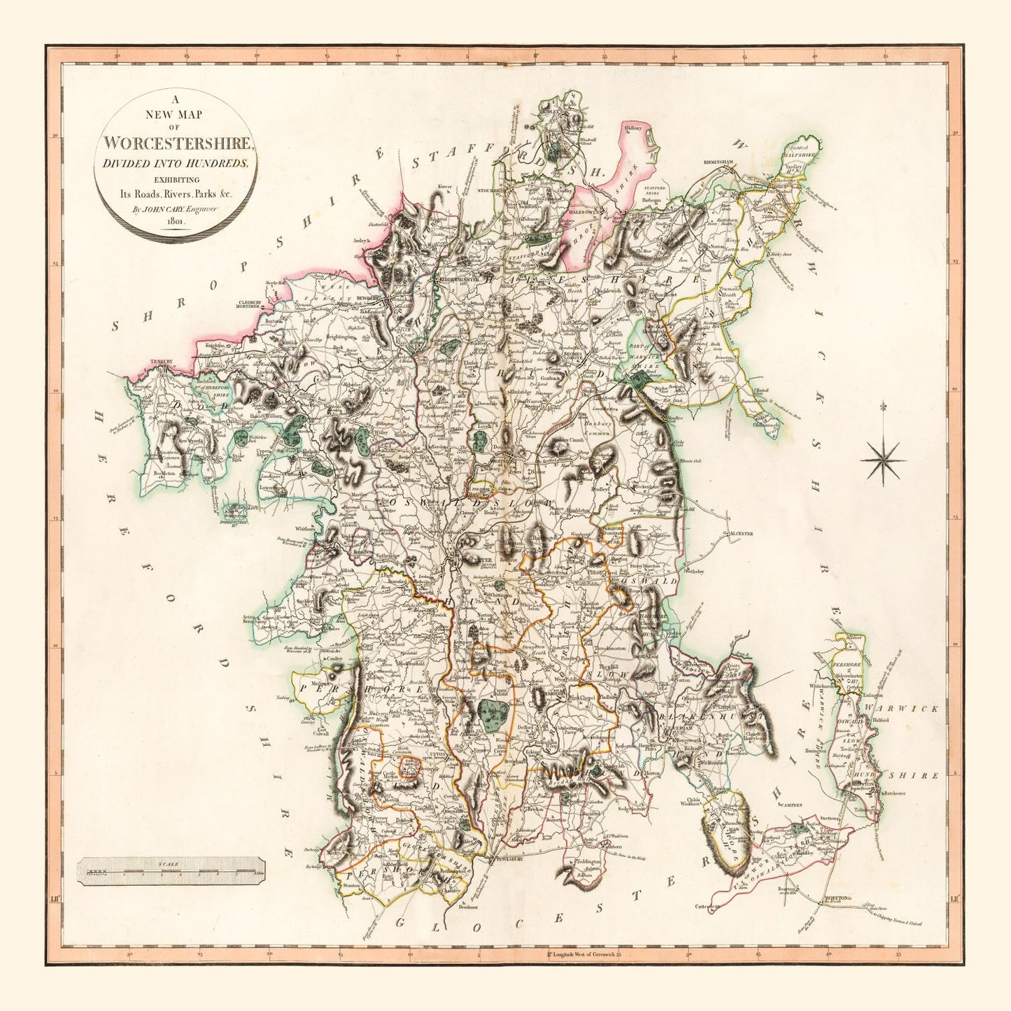 Vintage Map of Worcestershire County, England, 1801