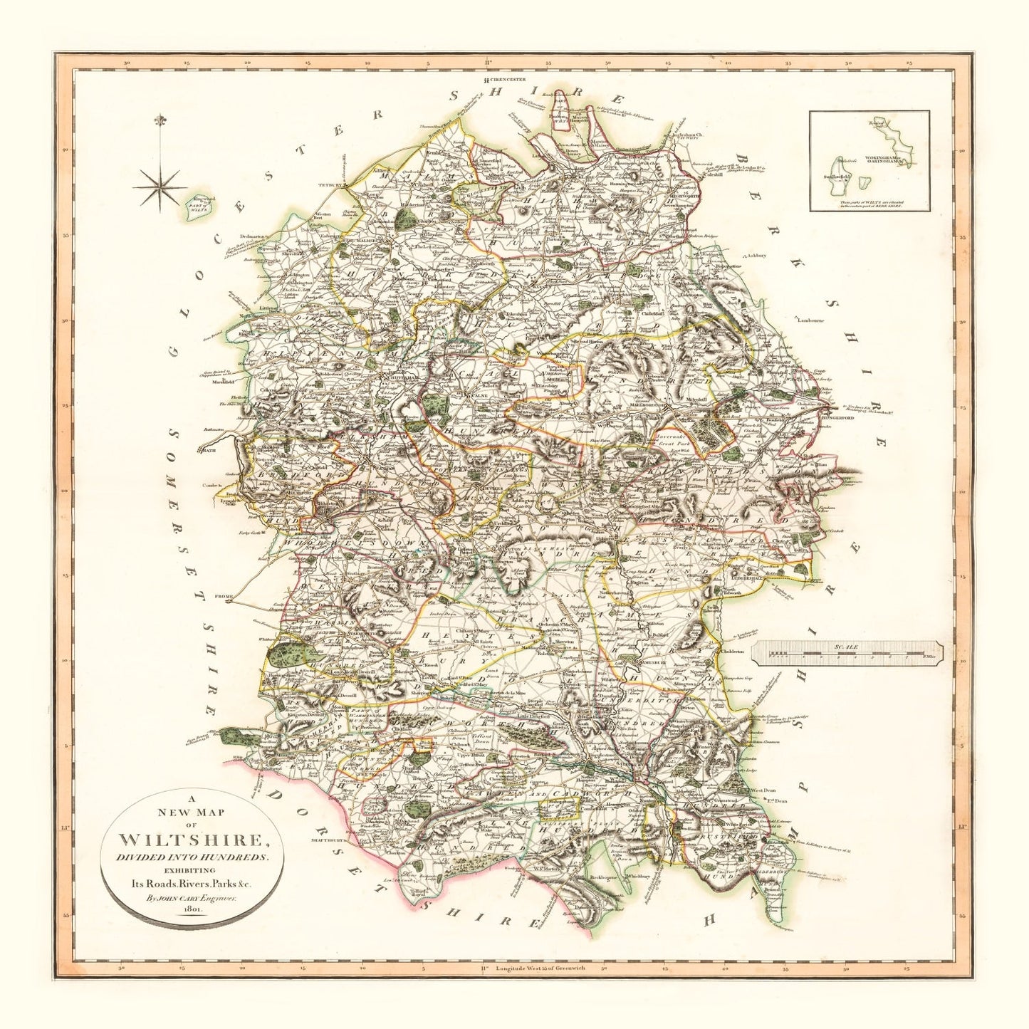 Vintage Map of Wiltshire County, England, 1801