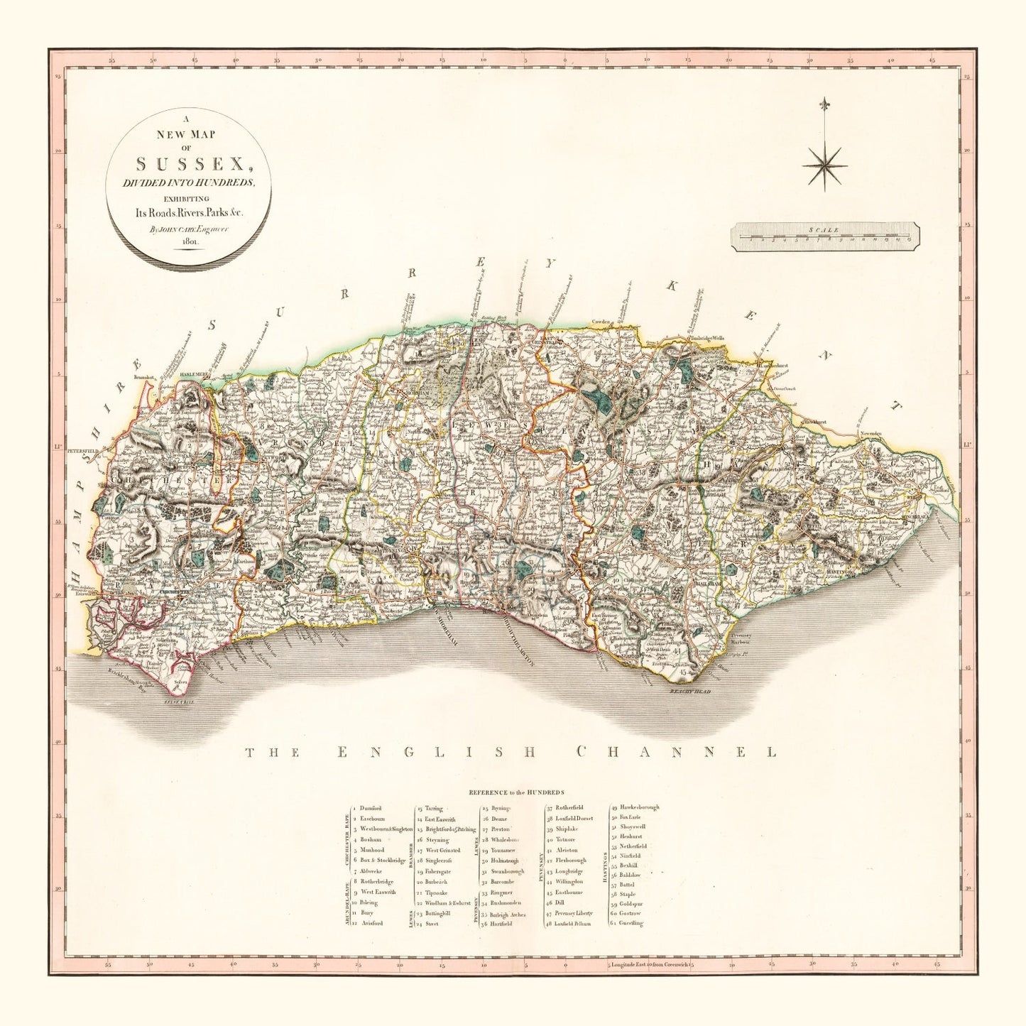 Vintage Map of Sussex County, England, 1801