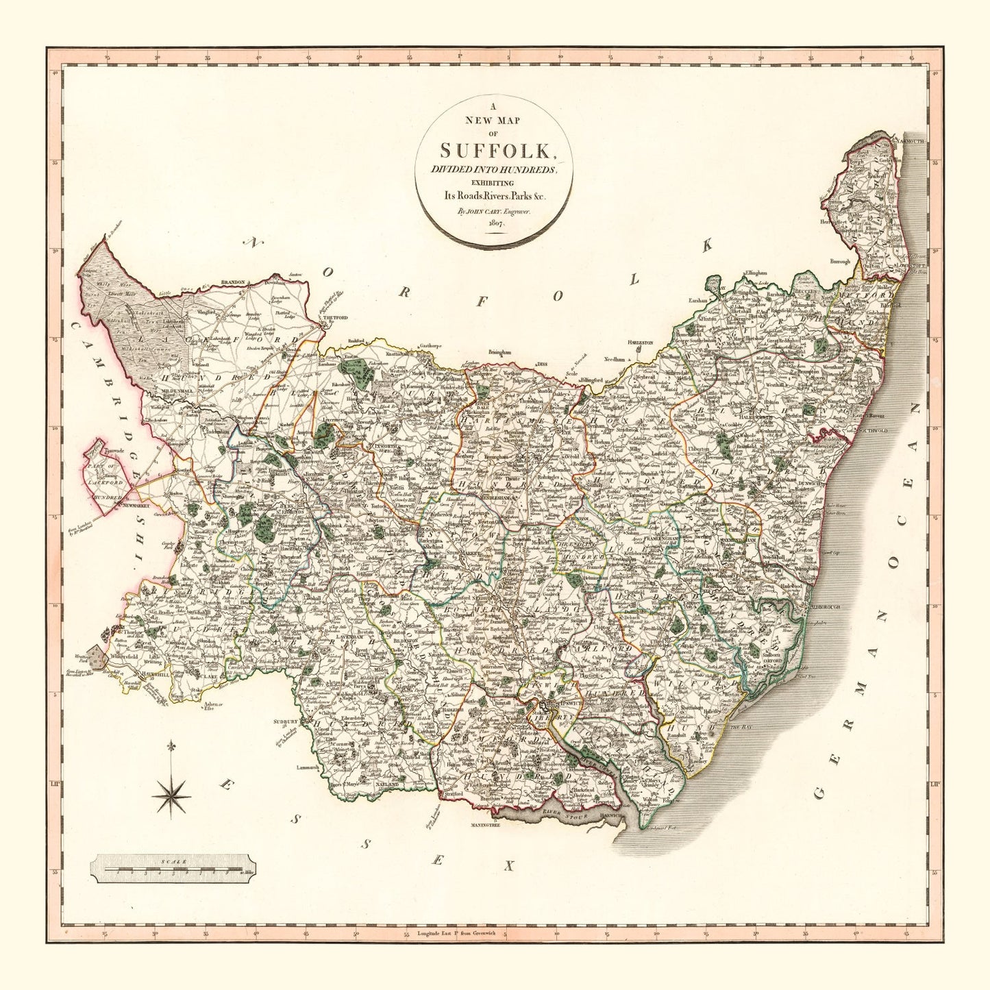 Vintage Map of Suffolk County, England, 1807