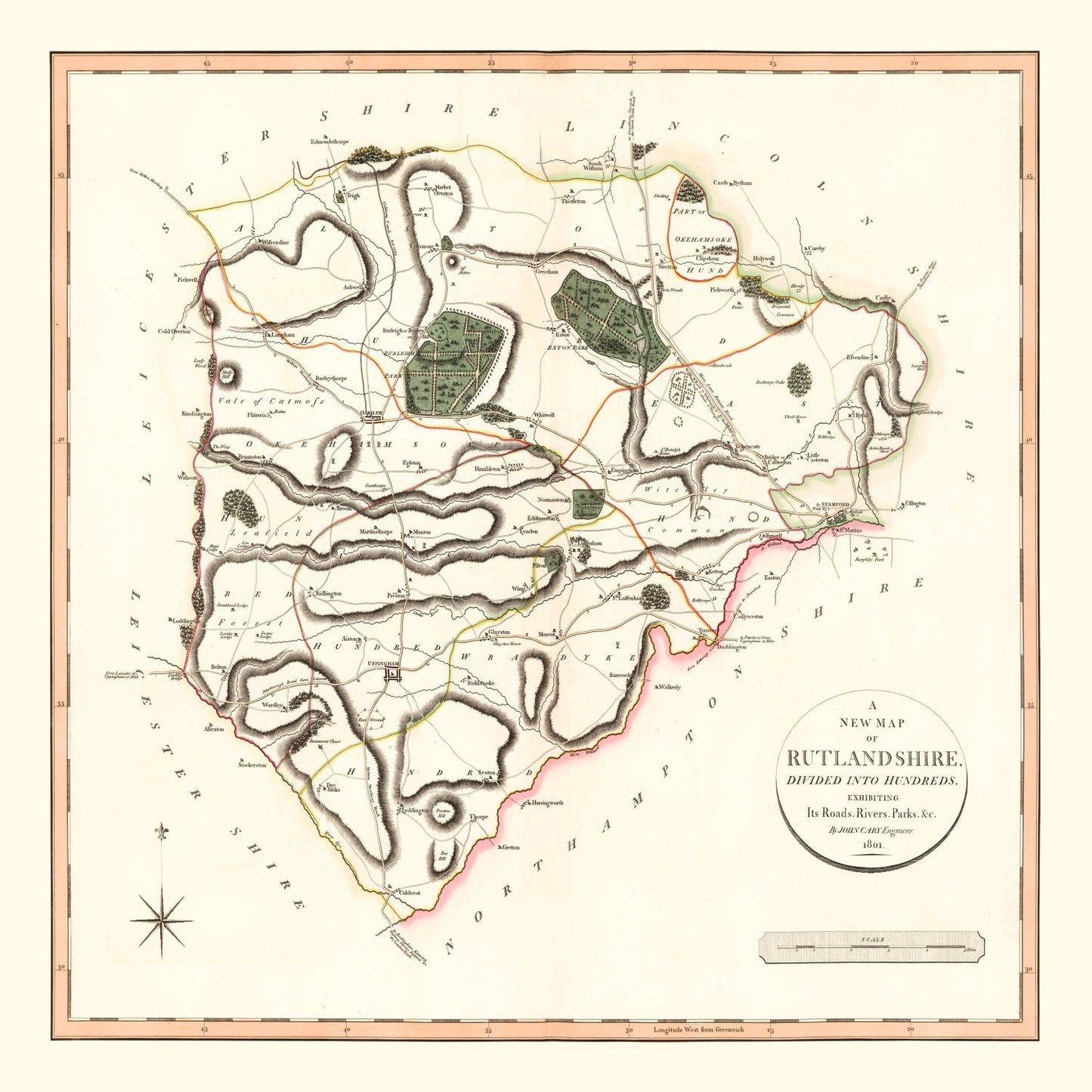 Vintage Map of Rutlandshire, England, 1801