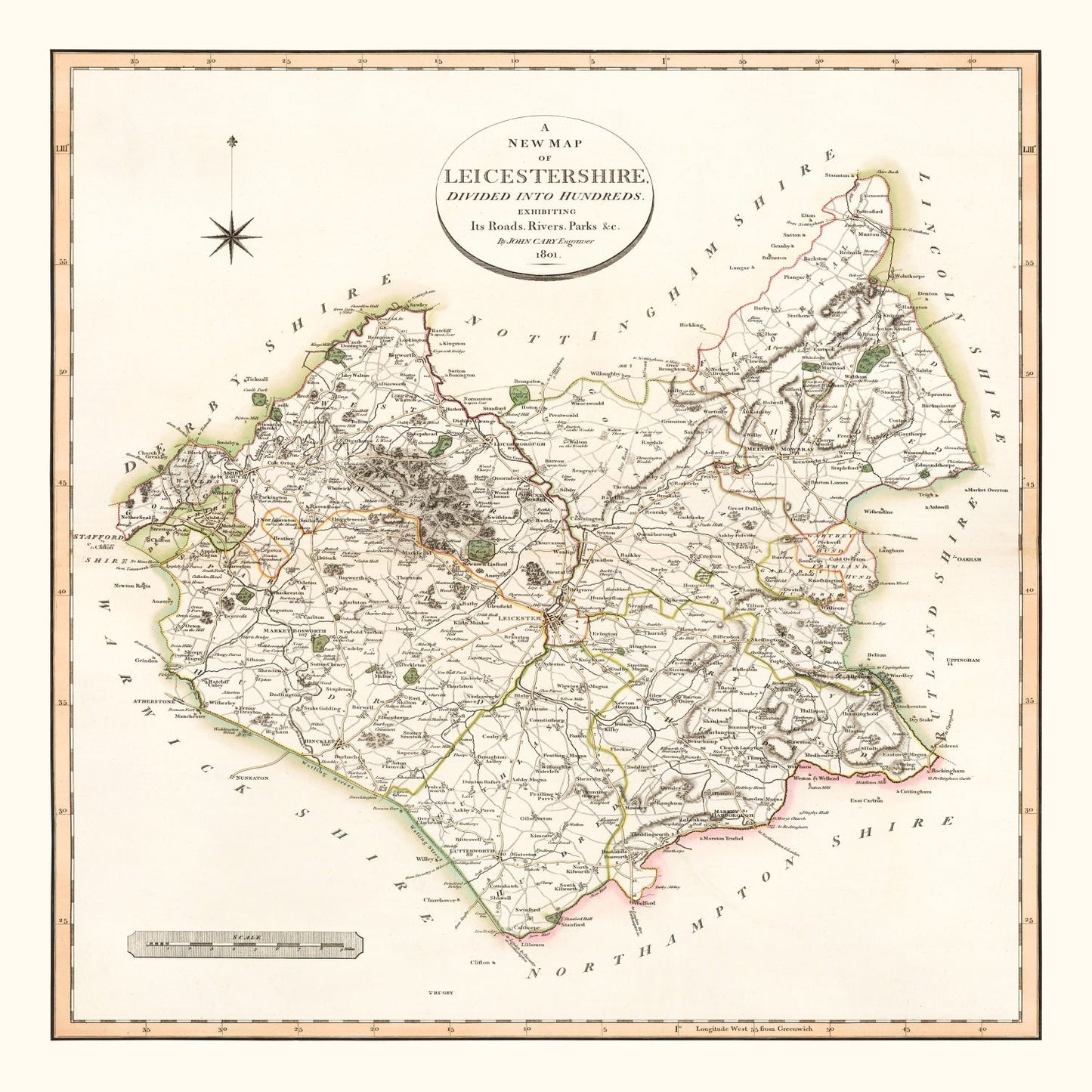 Vintage Map of Leicestershire, England, 1801