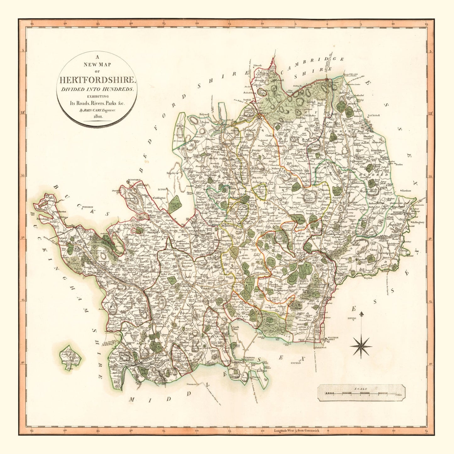 Vintage Map of Hertfordshire County, England, 1801