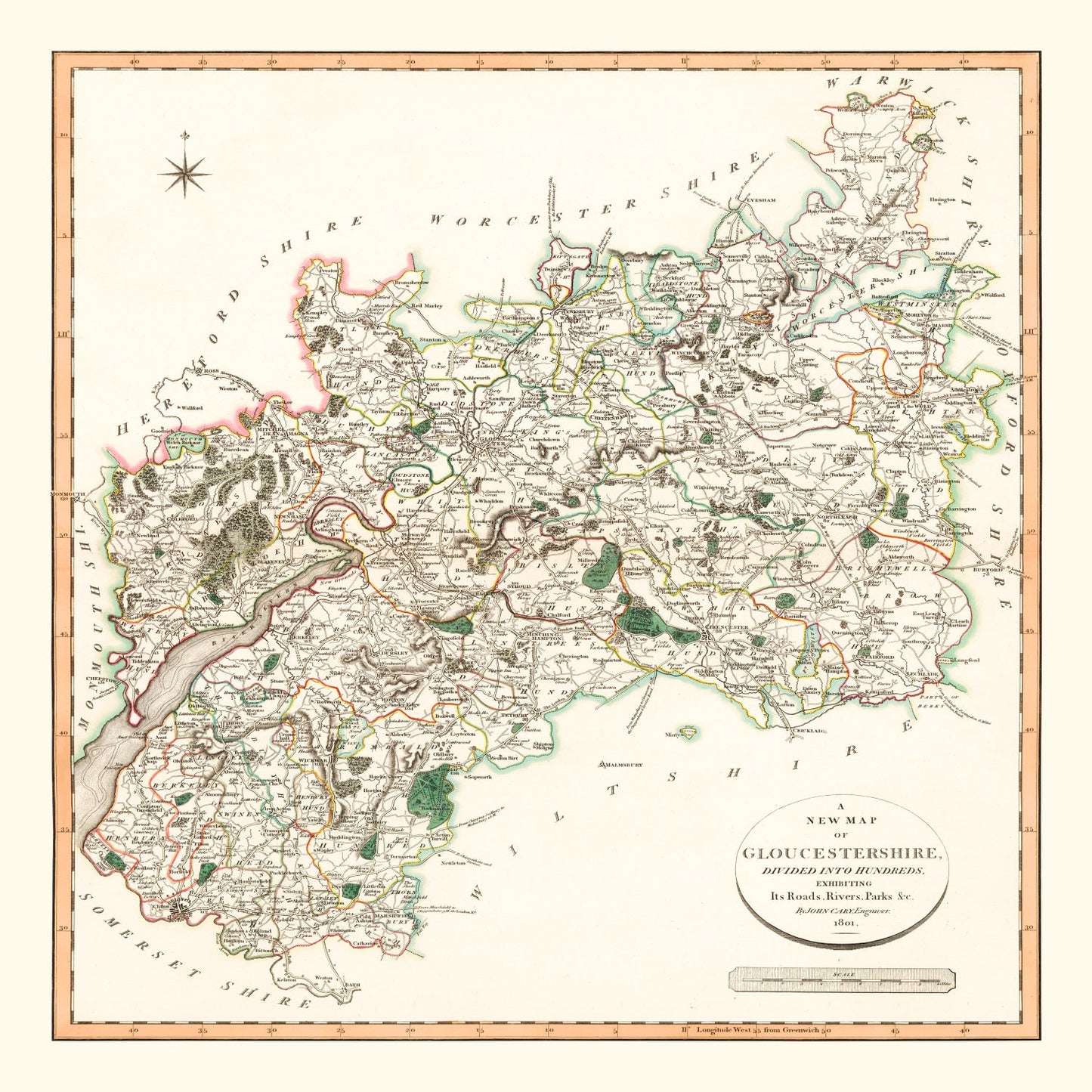 Vintage Map of Gloucestershire, England, 1801
