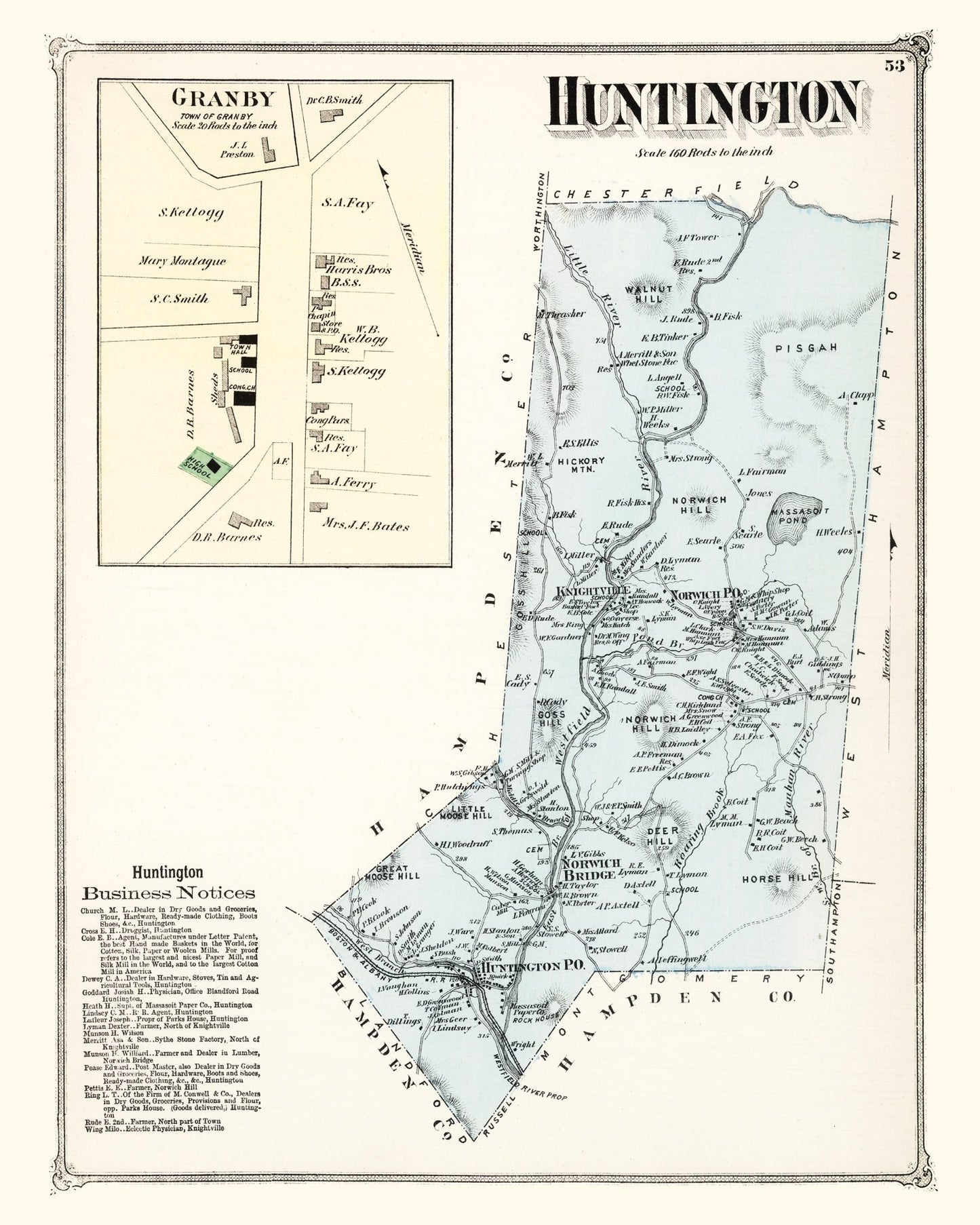 Vintage Map of Huntington, Massachusetts, 1873