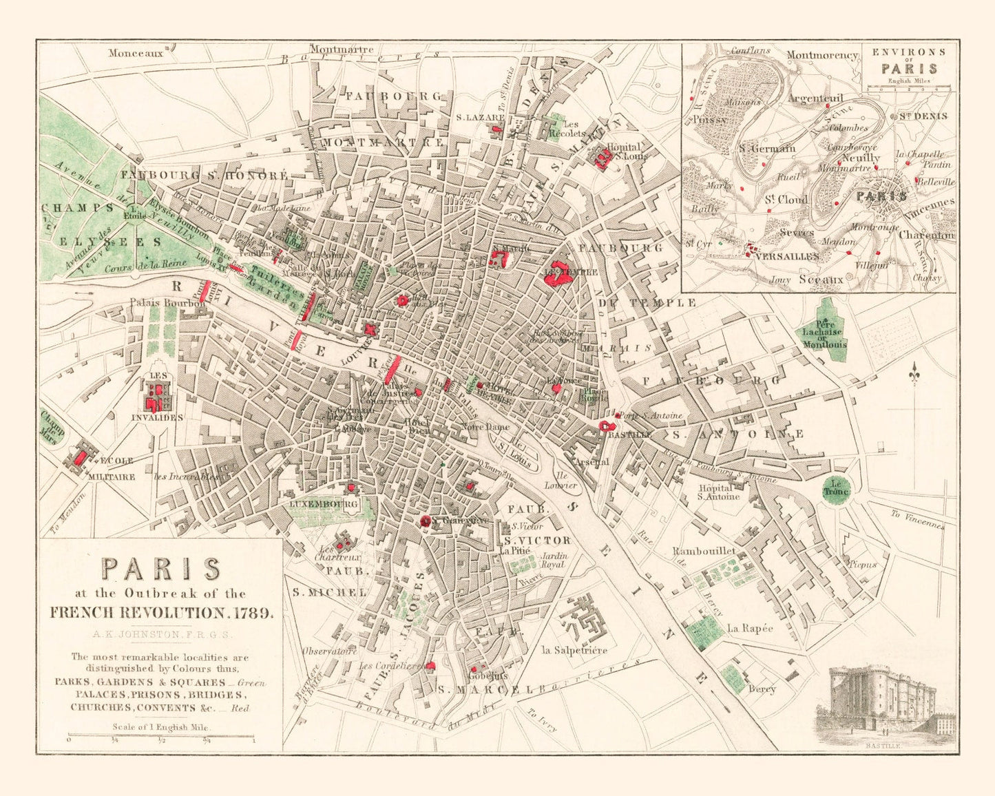 Vintage Map of Paris During the French Revolution, 1789
