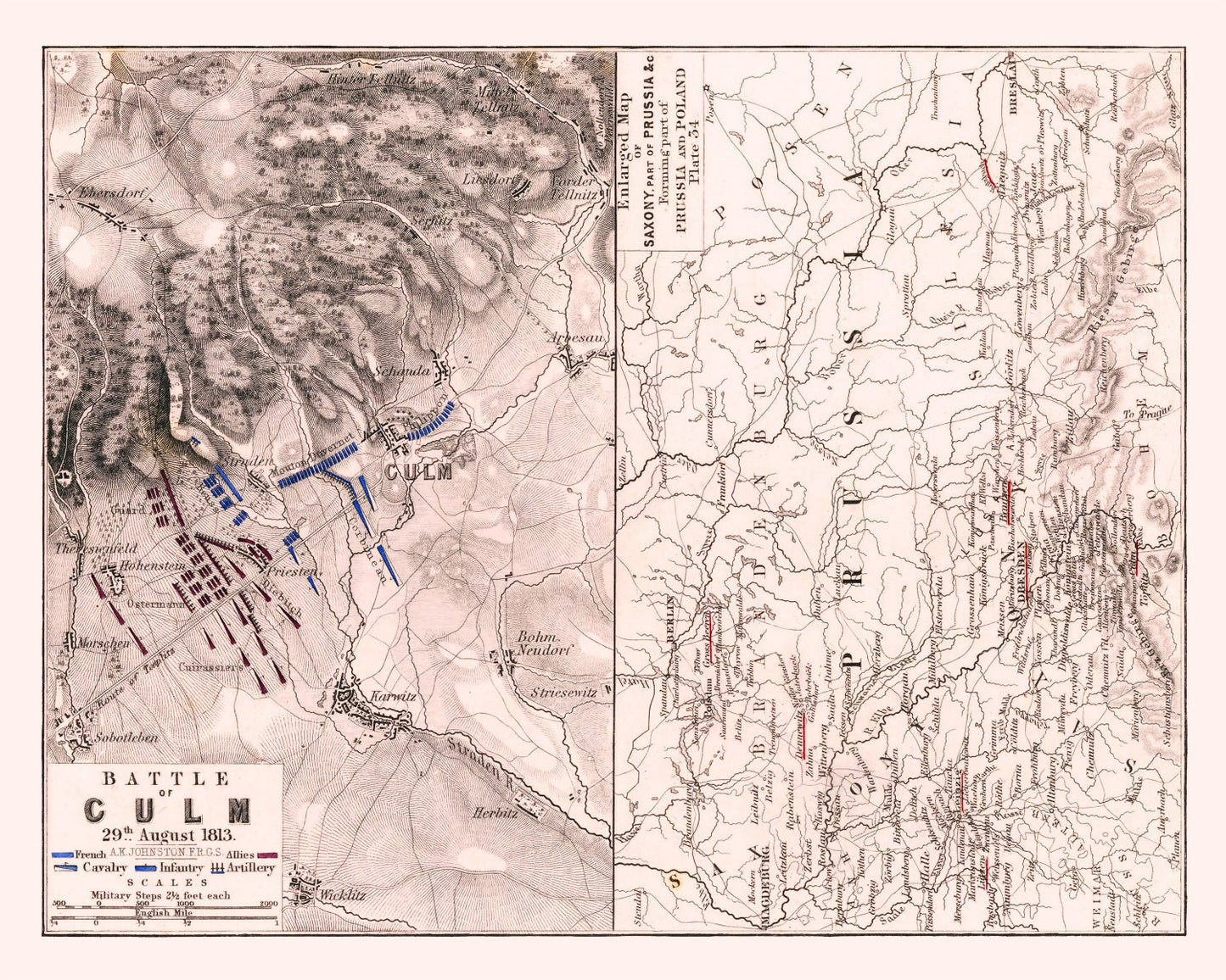 Vintage Map of the Battle of Kulm, Bohemia, 1813