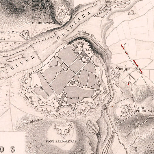 Vintage Map of the Siege of Badajoz, 1812